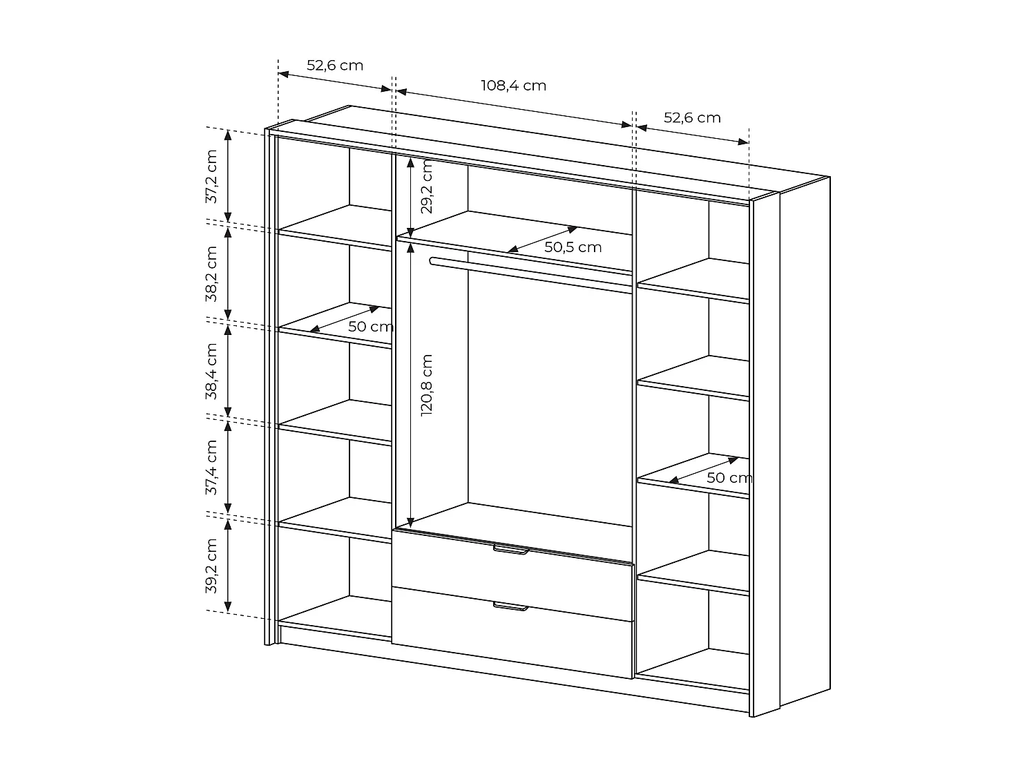 Armadio 223x210cm con 4 ante battenti con specchio e 2 cassetti con luci LED marrone con dettagli neri ALK8