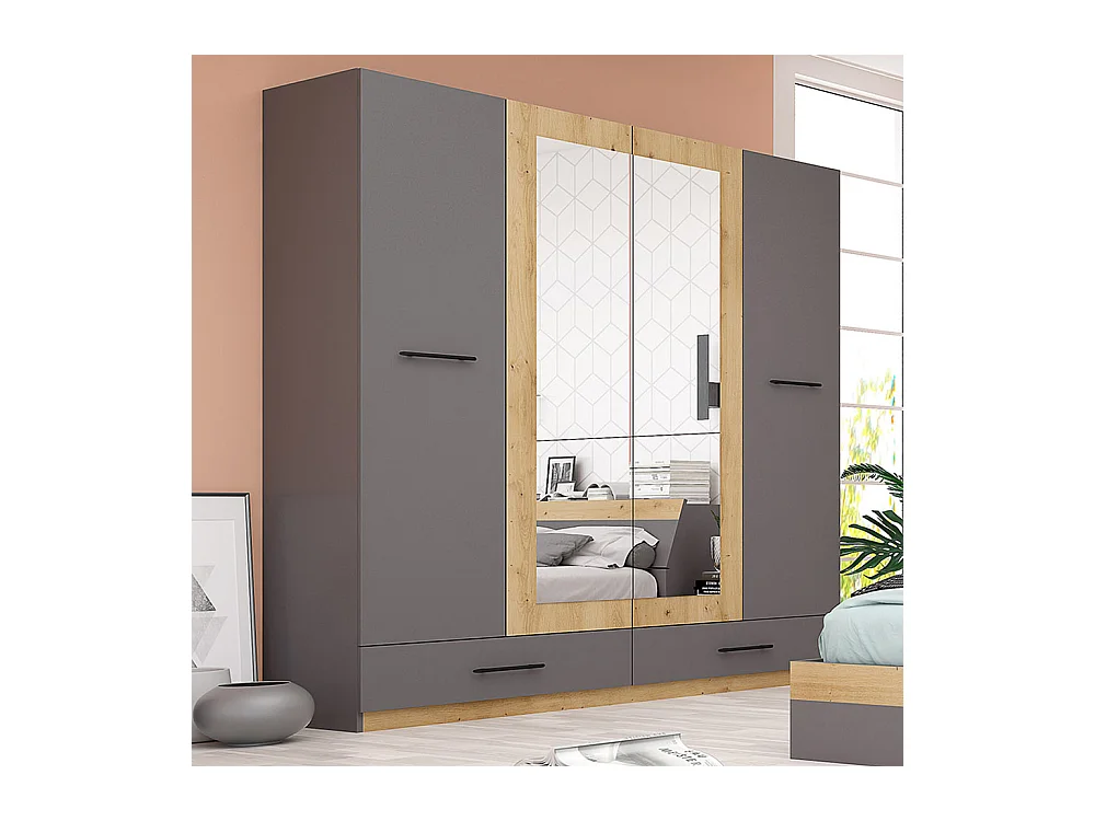 Armadio per camera da letto con 2 ante battenti e 2 cassetti in grigio e rovere AG29