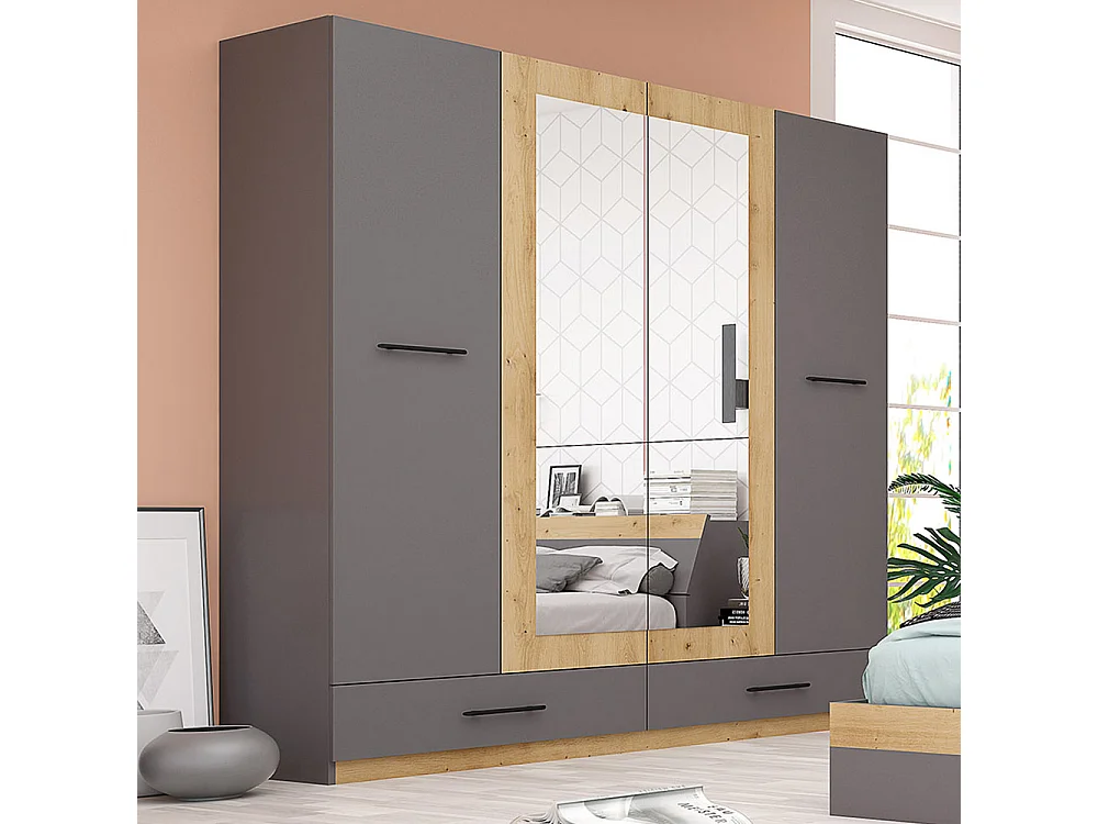 Armadio per camera da letto con 2 ante battenti e 2 cassetti in grigio e rovere AG29