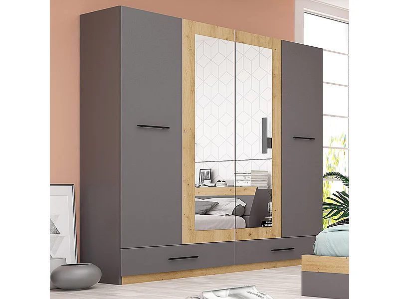Armadio per camera da letto con 2 ante battenti e 2 cassetti in grigio e rovere AG29
