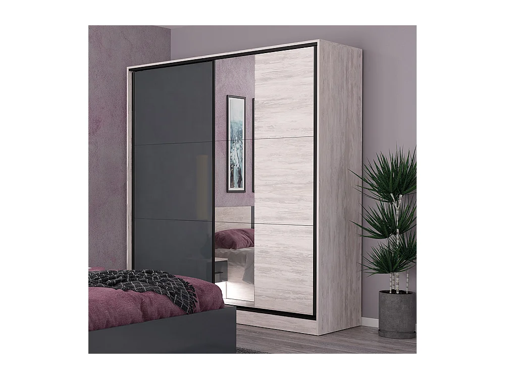 Armadio ad ante scorrevoli con specchio 180x200x59 cm rovere bianco e grigio lucido AG35