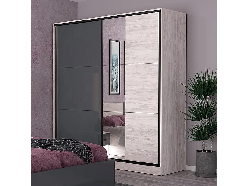 Armadio ad ante scorrevoli con specchio 180x200x59 cm rovere bianco e grigio lucido AG35