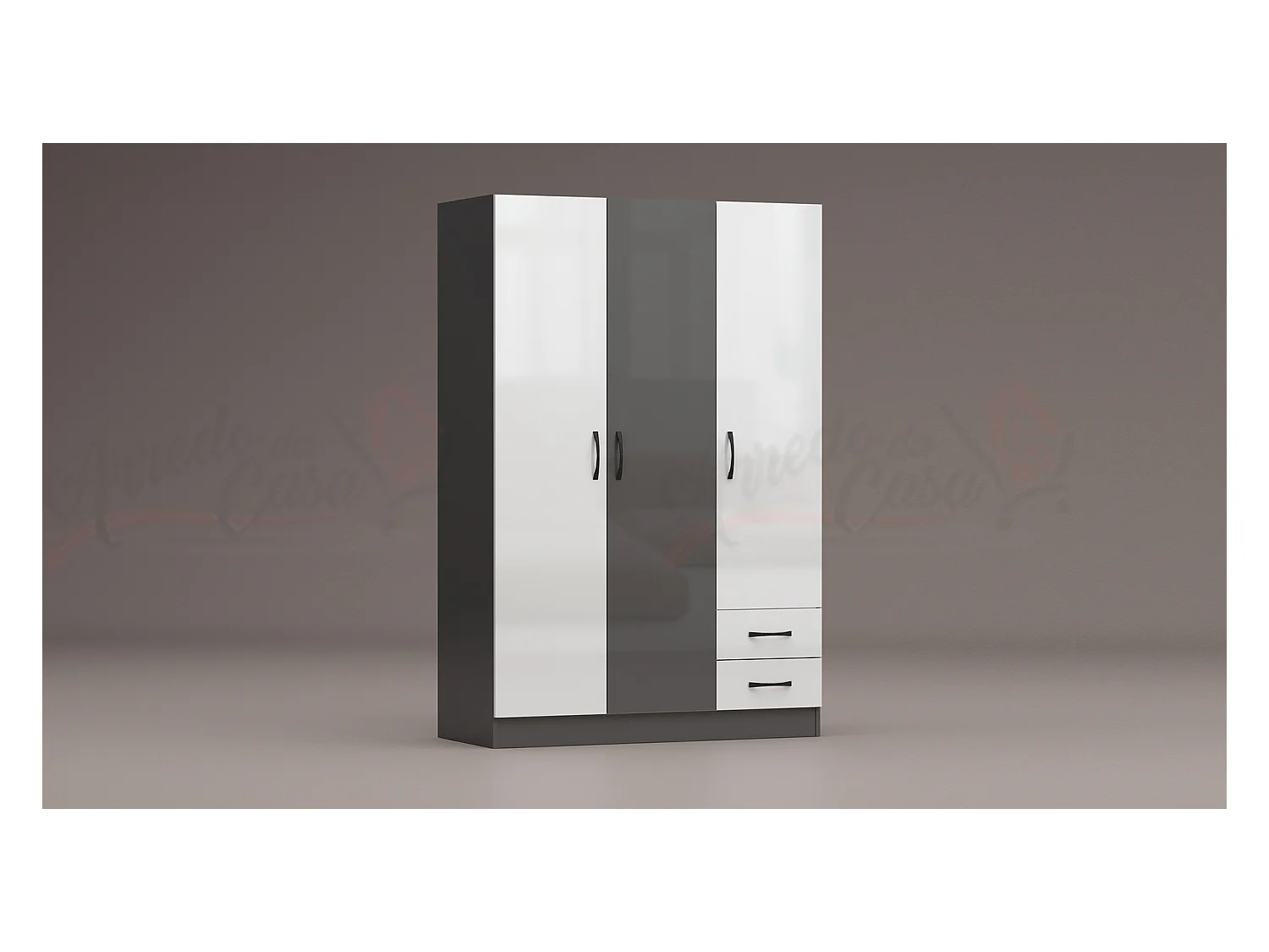 Armadio a tre ante battenti stile classico con due cassetti effetto legno 120x181 bianco e grigio lucido AG2