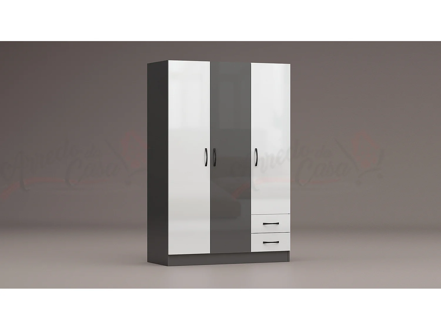 Armadio a tre ante battenti stile classico con due cassetti effetto legno 120x181 bianco e grigio lucido AG2