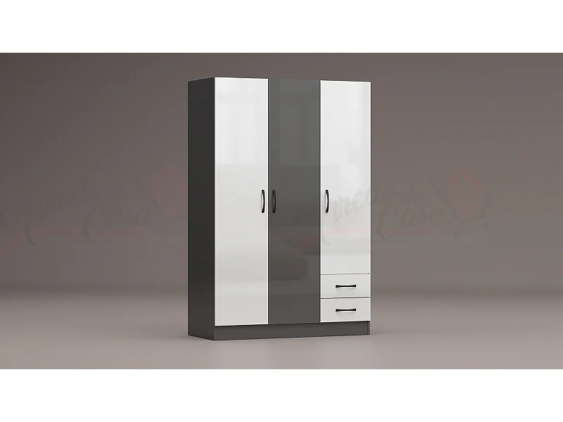 Armadio a tre ante battenti stile classico con due cassetti effetto legno 120x181 bianco e grigio lucido AG2