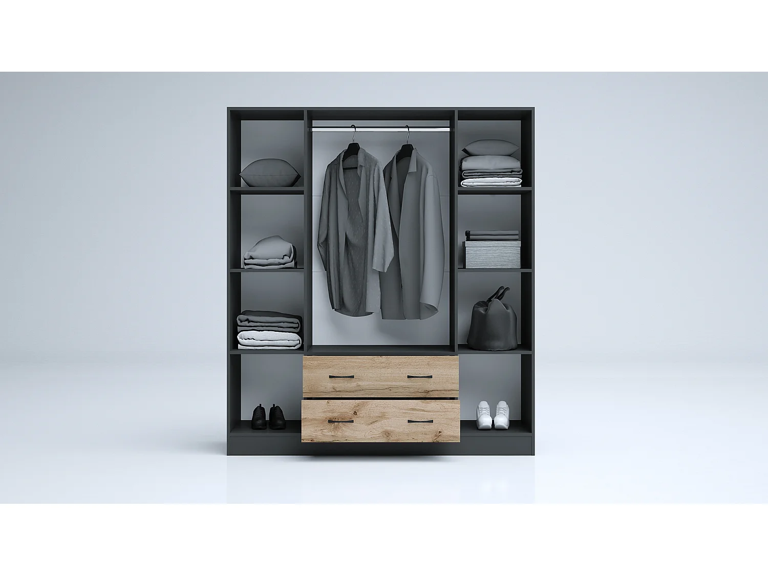 Armadio 4 ante battenti e 2 cassetti 160x181x52 cm bianco lucido/antracite AG49