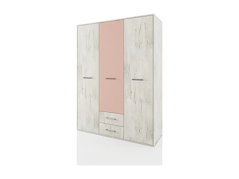 Armadio a tre ante battenti con cassetti inferiori effetto legno 150x201 bianco legno e rosa AI14