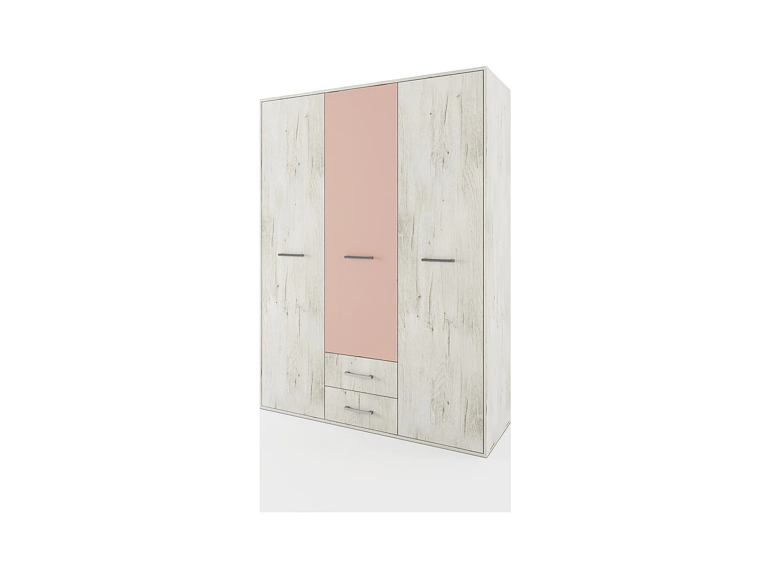 Armadio a tre ante battenti con cassetti inferiori effetto legno 150x201 bianco legno e rosa AI14