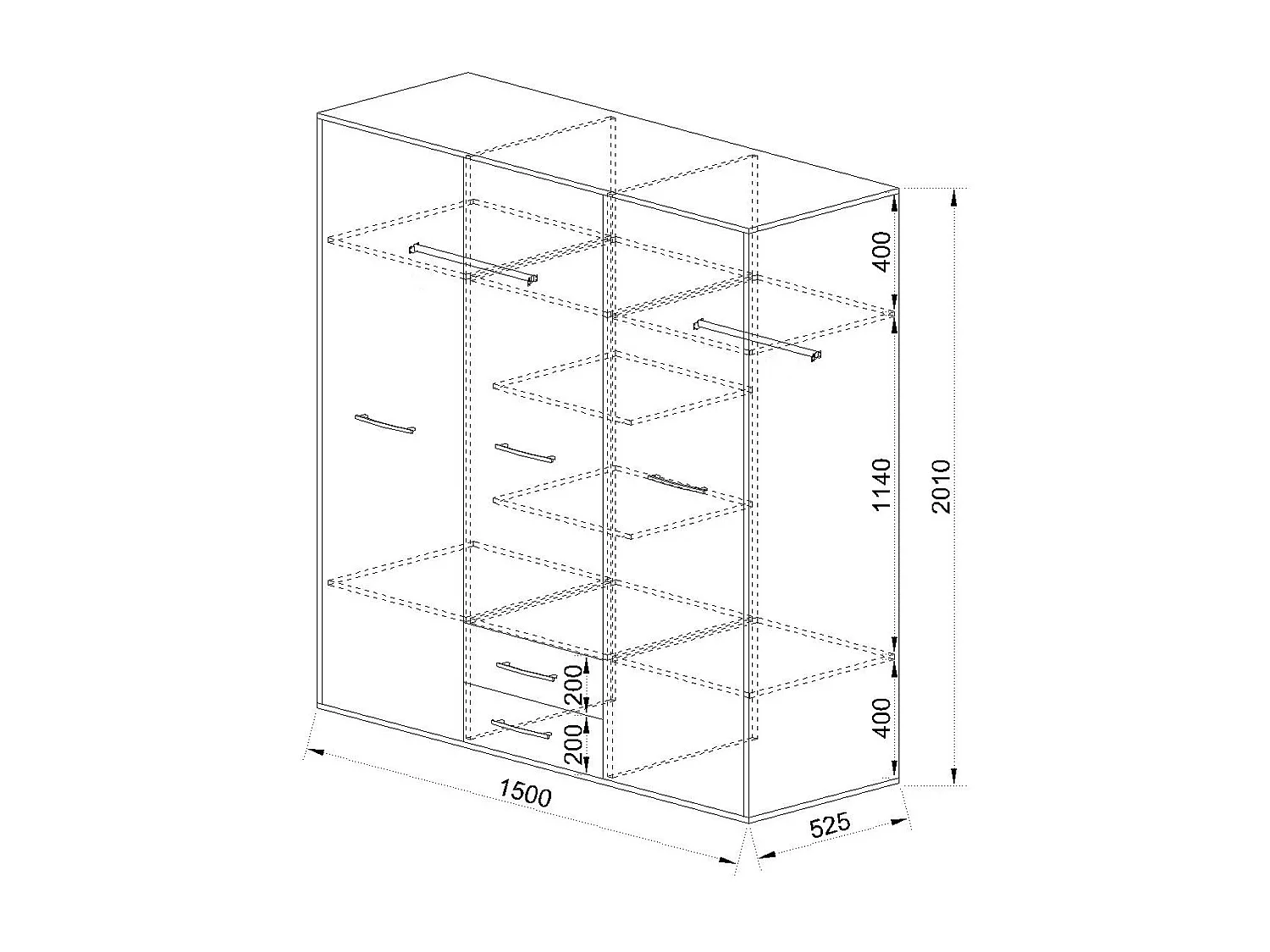 Armadio a tre ante battenti con cassetti inferiori effetto legno 150x201 bianco legno e rosa AI14