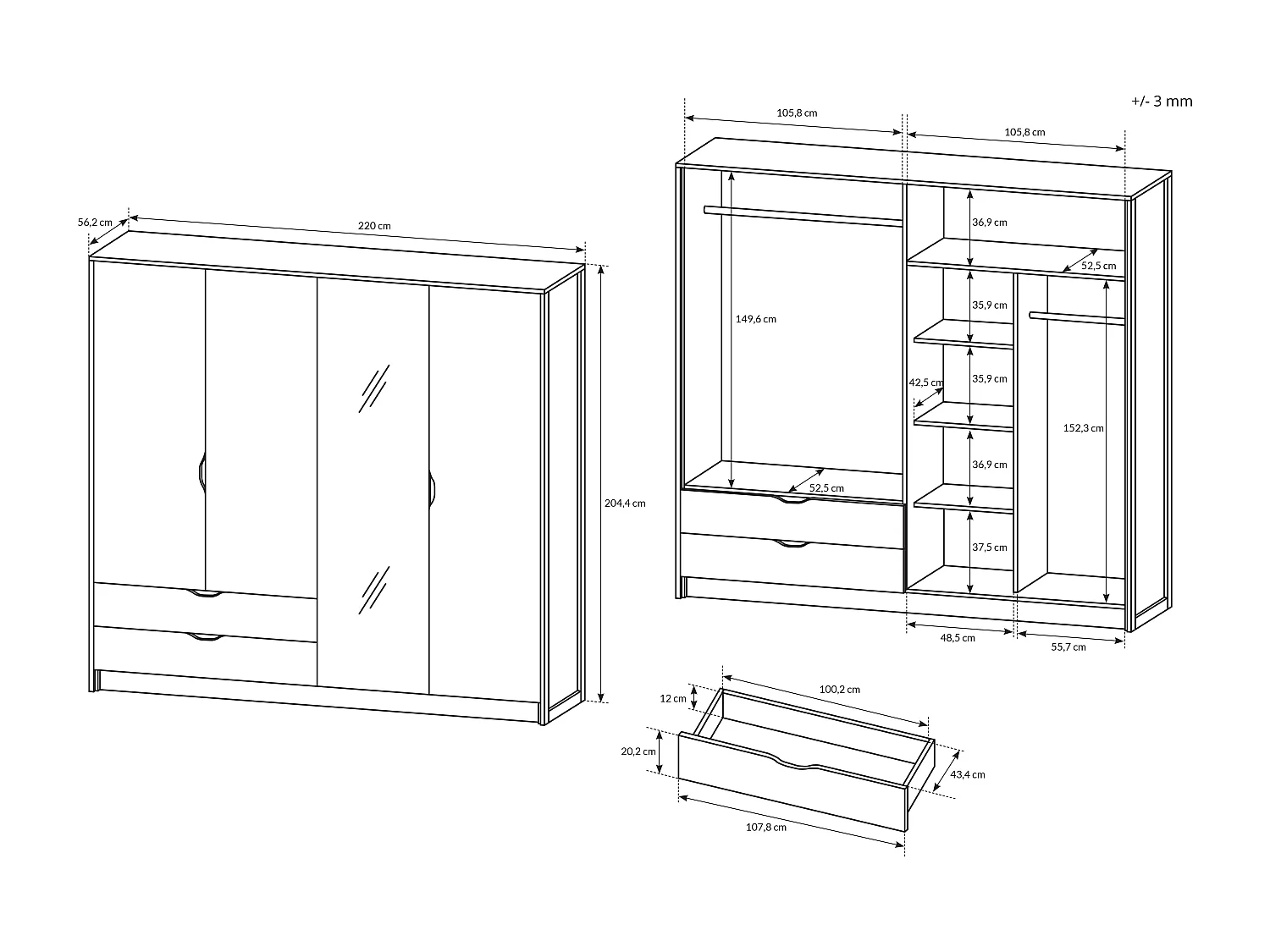 Armadio 220x204cm con 4 ante battenti e 2 cassetti moderno marrone e nero ALK3