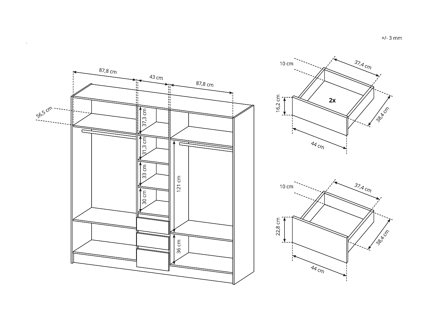 Armadio 225x213cm con ante battenti e 3 cassetti bianco ALK12