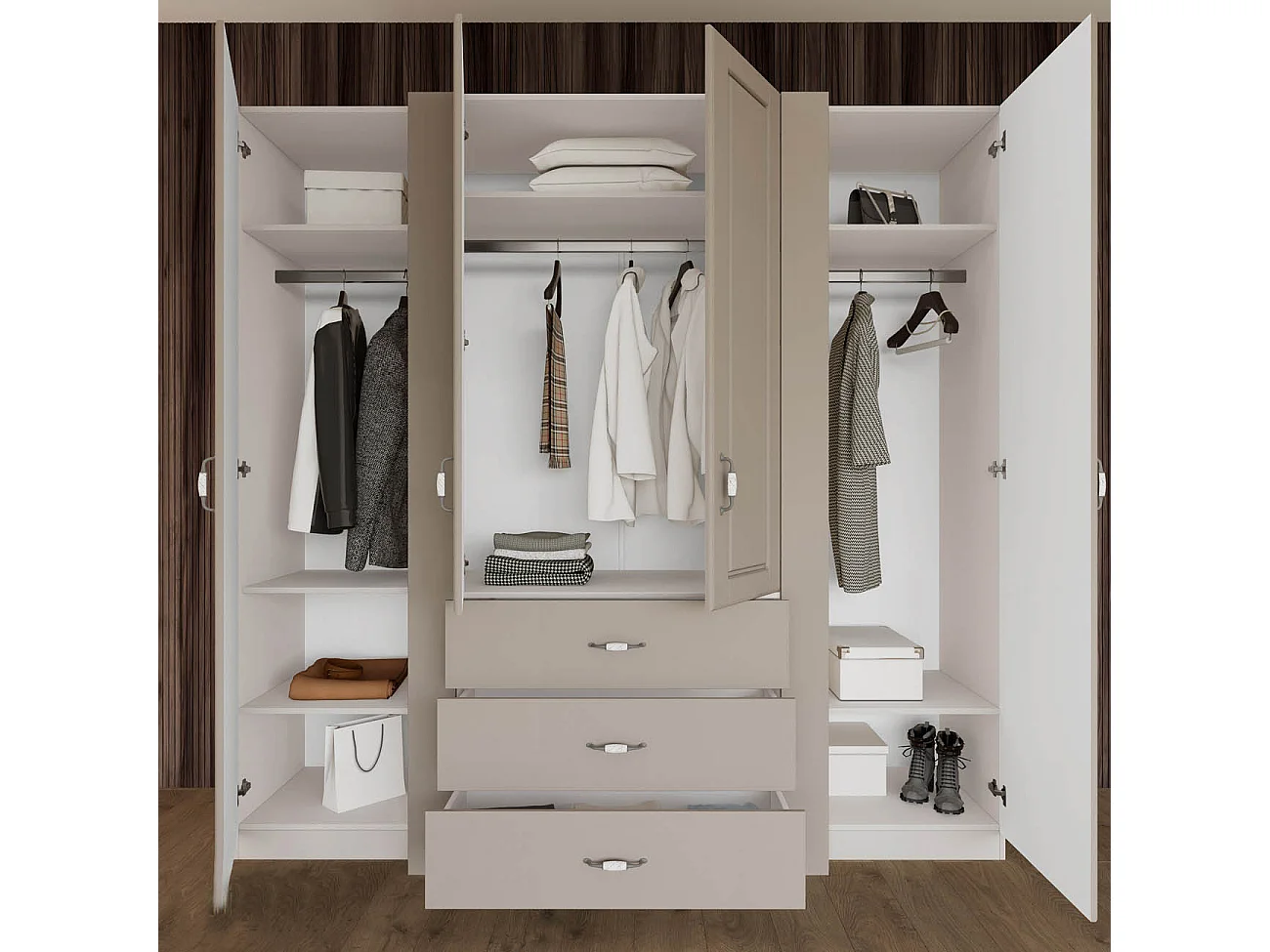 Armadio 4 ante battenti in stile classico 210x205 cm beige a 3 moduli AI22