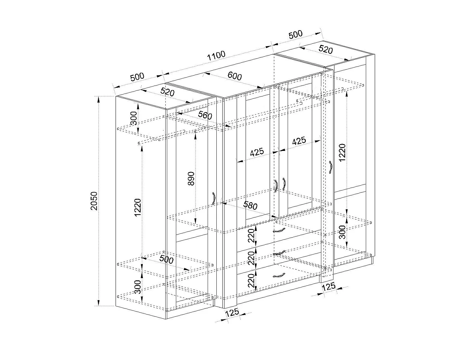 Armadio 4 ante battenti in stile classico 210x205 cm beige a 3 moduli AI22