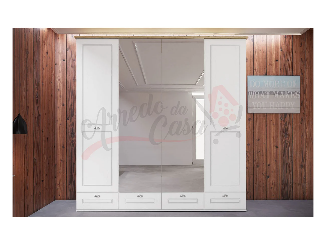 Armadio con quattro ante battenti design moderno con specchio centrale 203x204 bianco AI3