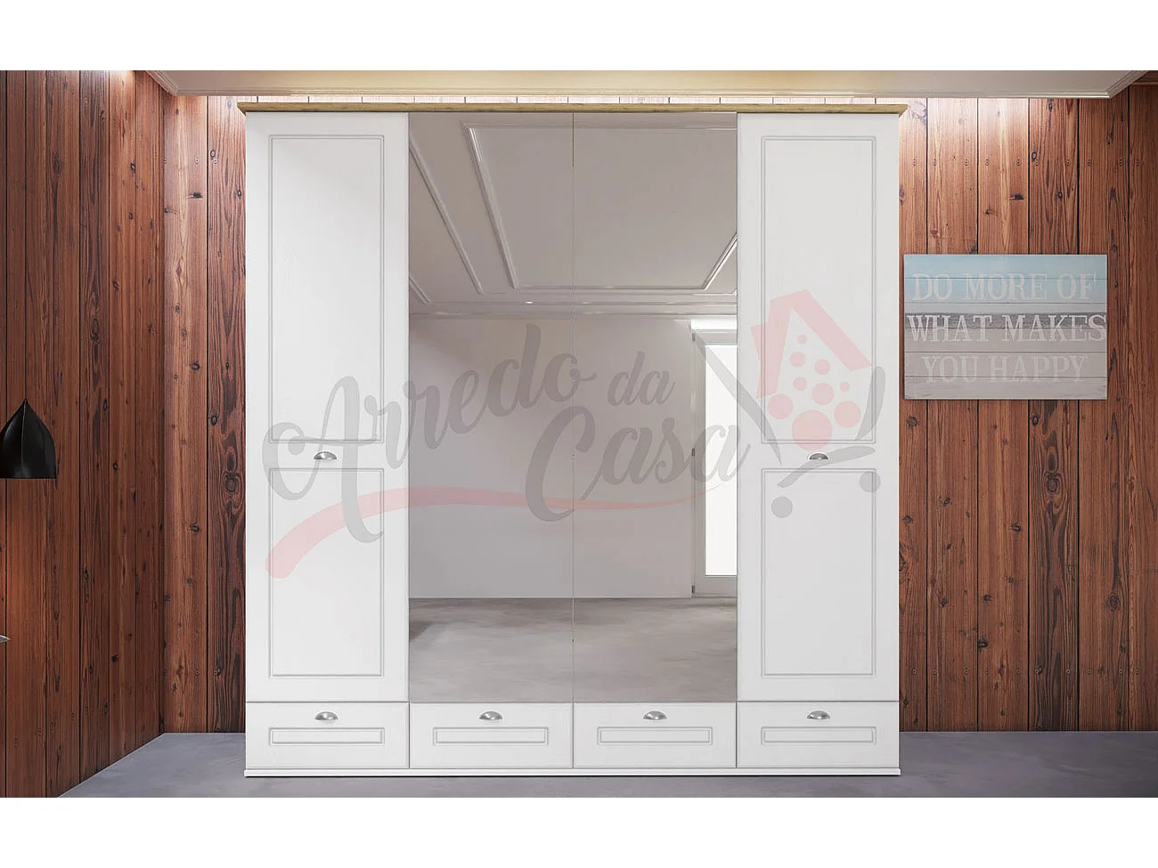 Armadio con quattro ante battenti design moderno con specchio centrale 203x204 bianco AI3