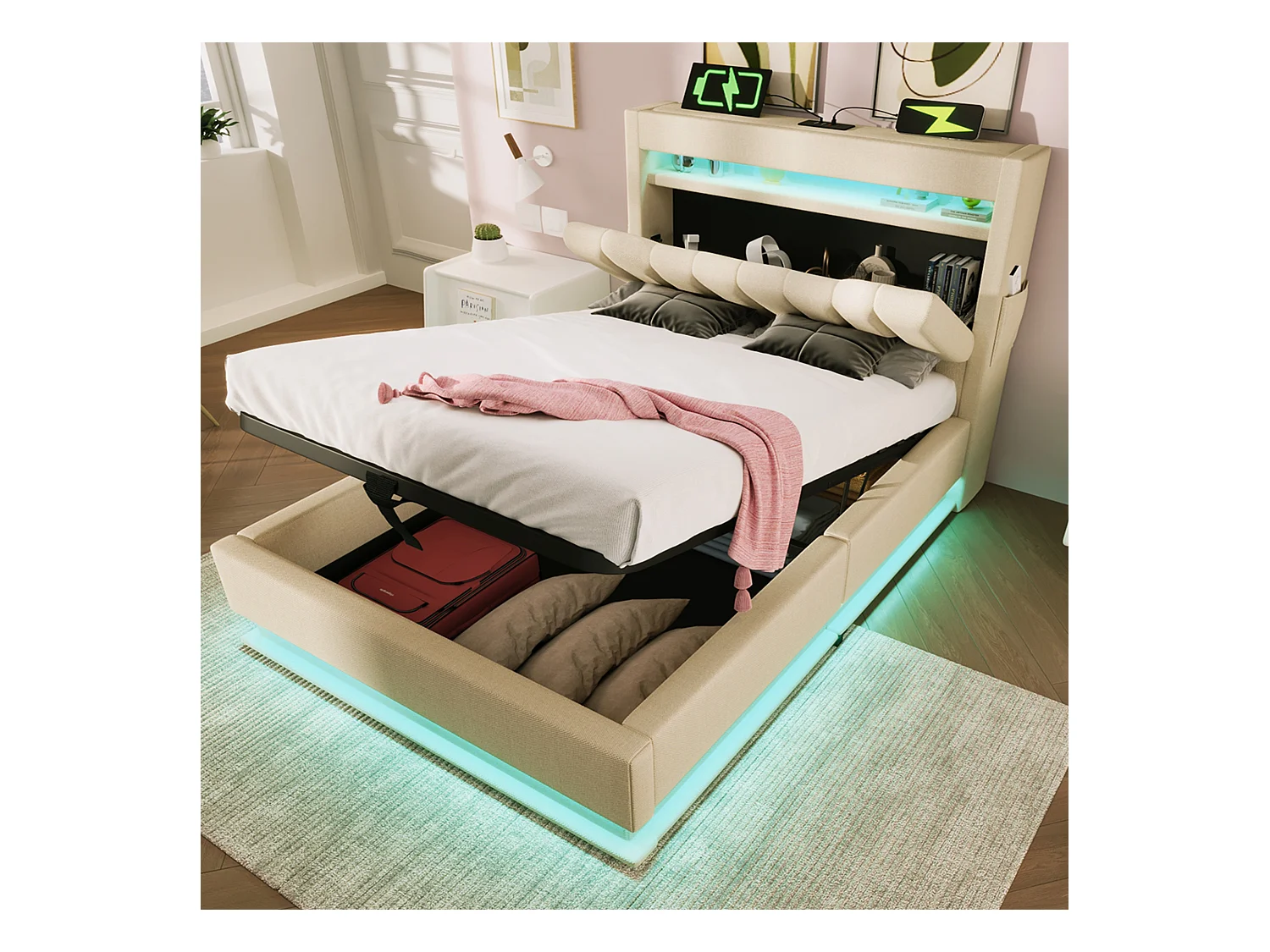 Lit coffre capitonné - 90 x 200 cm - avec tête de lit + USB  + Leds - rangement hydraulique - lin - beige