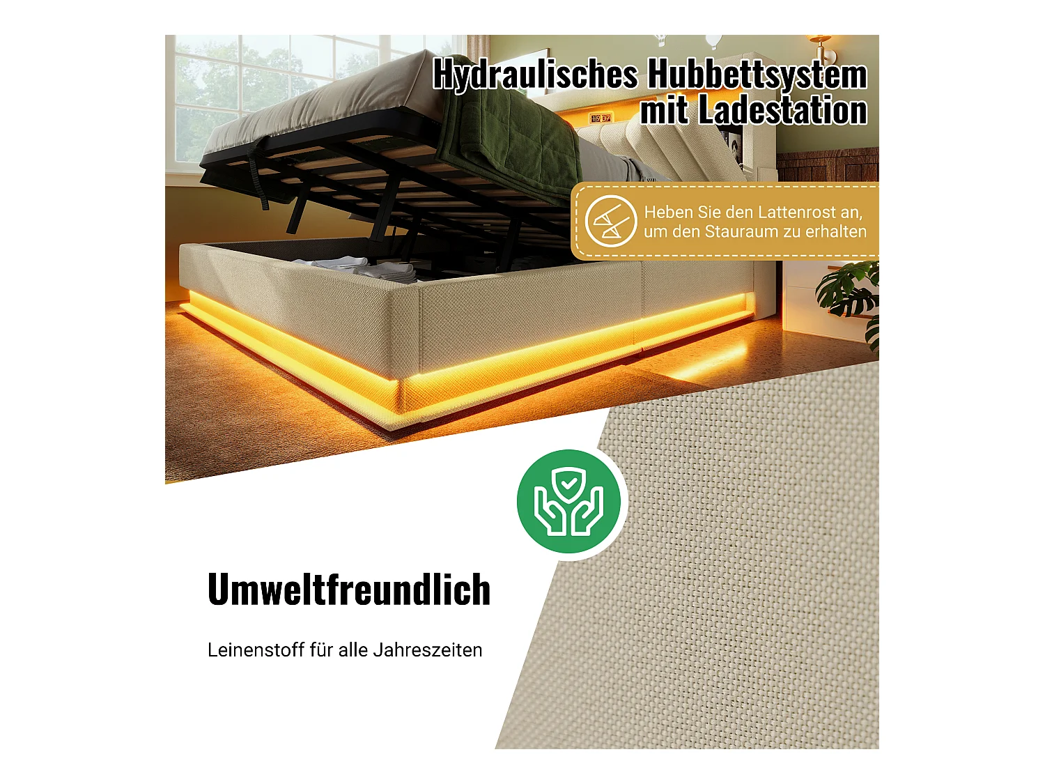 Lit coffre capitonné - 90 x 200 cm - avec tête de lit + USB  + Leds - rangement hydraulique - lin - beige
