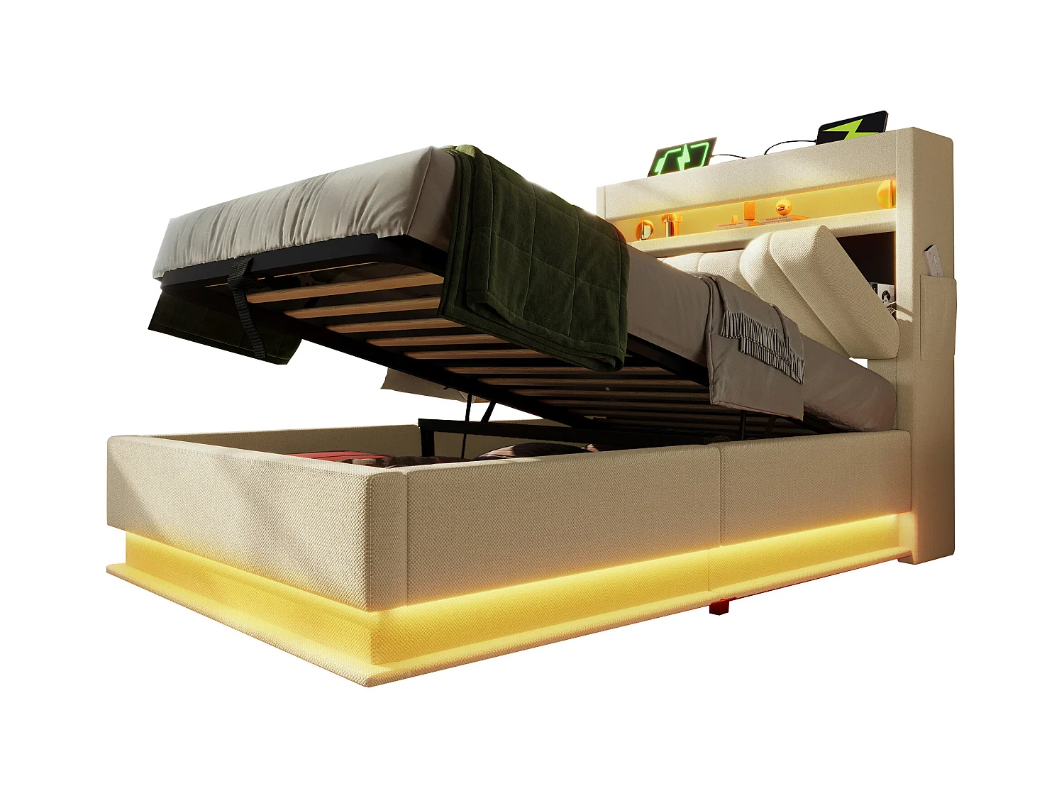 Lit coffre capitonné - 90 x 200 cm - avec tête de lit + USB  + Leds - rangement hydraulique - lin - beige