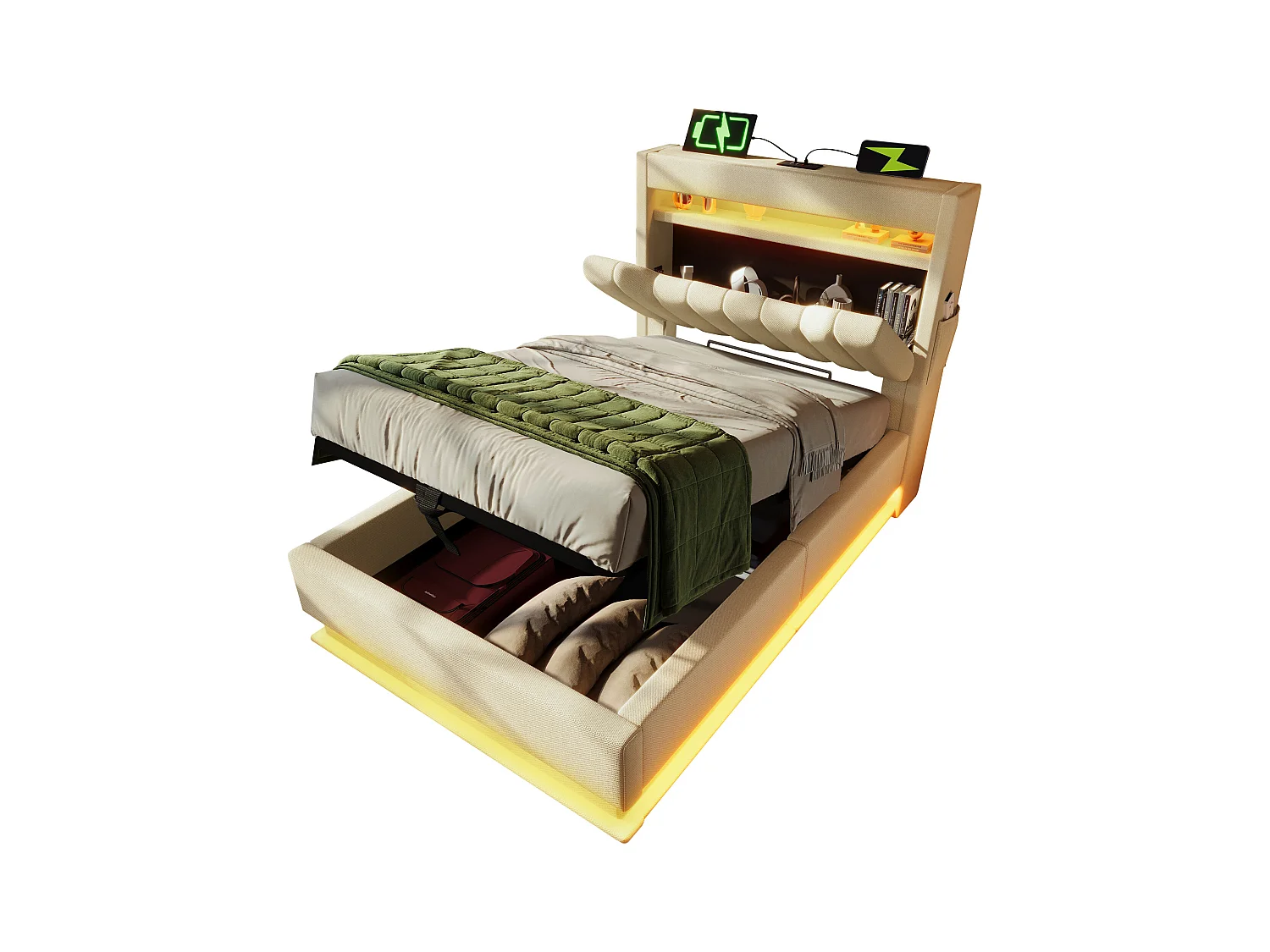 Lit coffre capitonné - 90 x 200 cm - avec tête de lit + USB  + Leds - rangement hydraulique - lin - beige