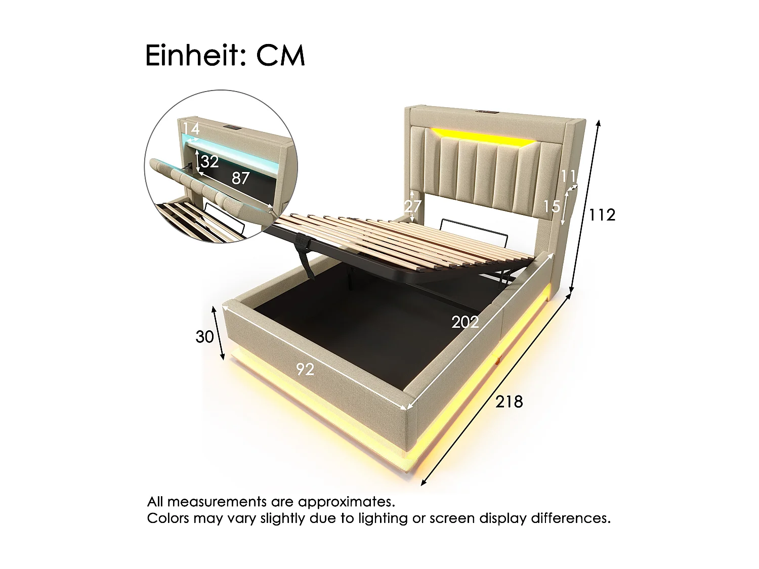 Lit coffre capitonné - 90 x 200 cm - avec tête de lit + USB  + Leds - rangement hydraulique - lin - beige