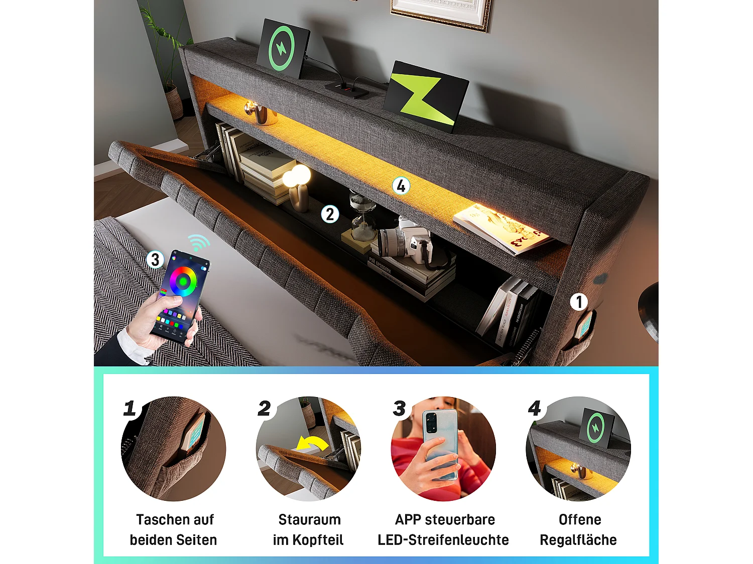 Tweepersoons gestoffeerd bed met opbergruimte - 160 x 200 cm - met hoofdeinde + USB + LED's + hydraulische opbergruimte - linnen - grijs