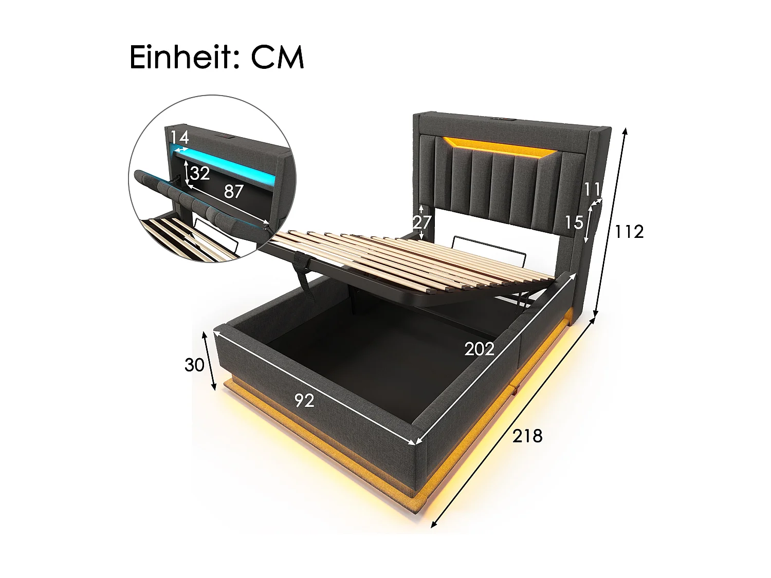Gestoffeerd opbergbed - 90 x 200 cm - met hoofdeinde + USB + LED's - hydraulische opbergruimte - linnen - grijs