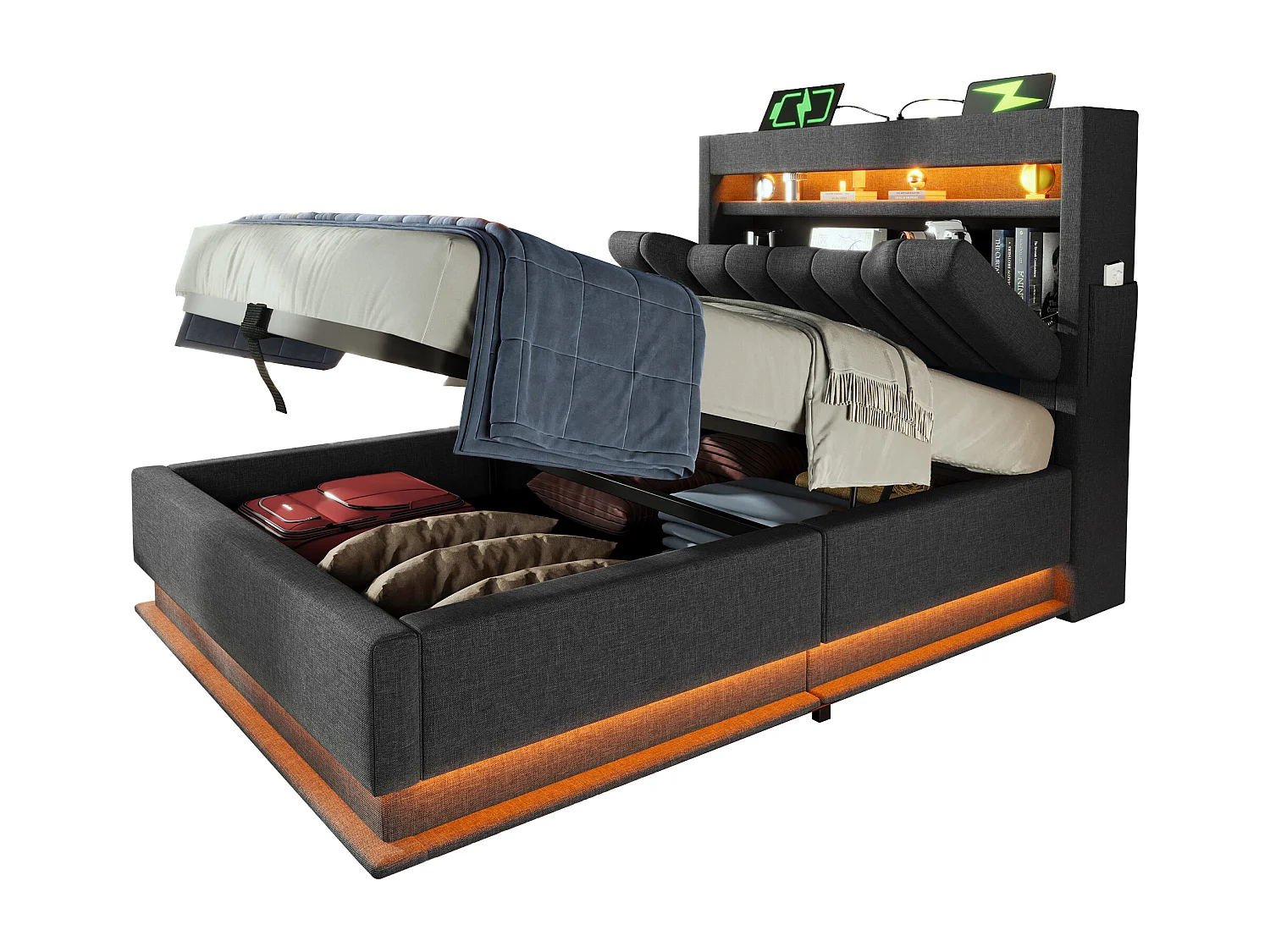 Gestoffeerd opbergbed - 90 x 200 cm - met hoofdeinde + USB + LED's - hydraulische opbergruimte - linnen - grijs