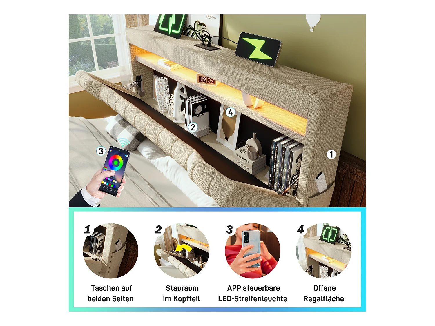 Lit coffre double capitonné - 160 x 200 cm - avec tête de lit + USB + Leds + rangement hydraulique - lin - beige