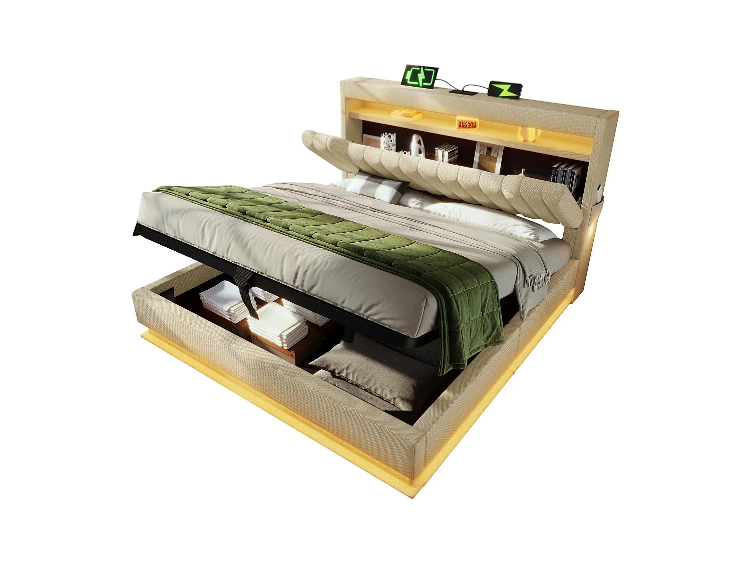 Lit coffre double capitonné - 160 x 200 cm - avec tête de lit + USB + Leds + rangement hydraulique - lin - beige