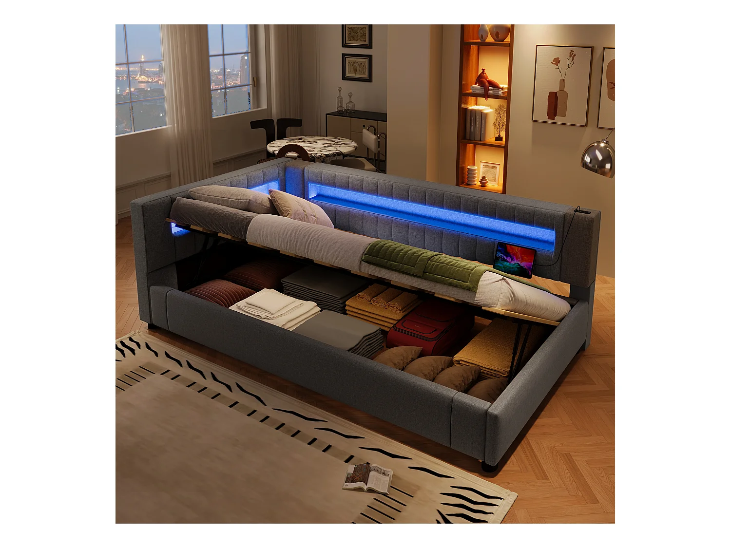 Letto contenitore imbottito - 90 x 200 cm - con LED + USB + Type-C + contenitore idraulico - lino + MDF - grigio