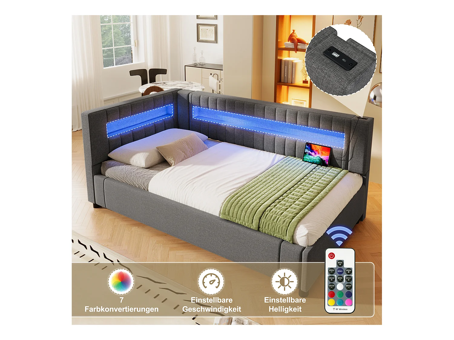 Letto contenitore imbottito - 90 x 200 cm - con LED + USB + Type-C + contenitore idraulico - lino + MDF - grigio