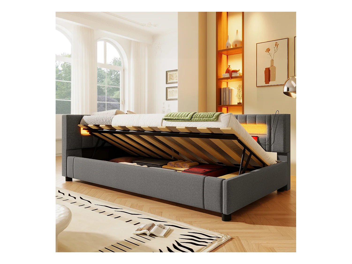 Letto contenitore imbottito - 90 x 200 cm - con LED + USB + Type-C + contenitore idraulico - lino + MDF - grigio