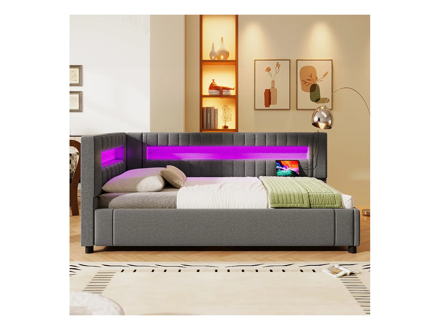 Letto contenitore imbottito - 90 x 200 cm - con LED + USB + Type-C + contenitore idraulico - lino + MDF - grigio