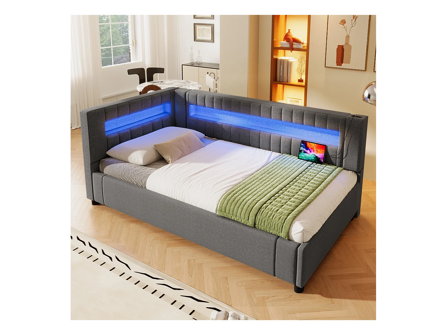 Letto contenitore imbottito - 90 x 200 cm - con LED + USB + Type-C + contenitore idraulico - lino + MDF - grigio