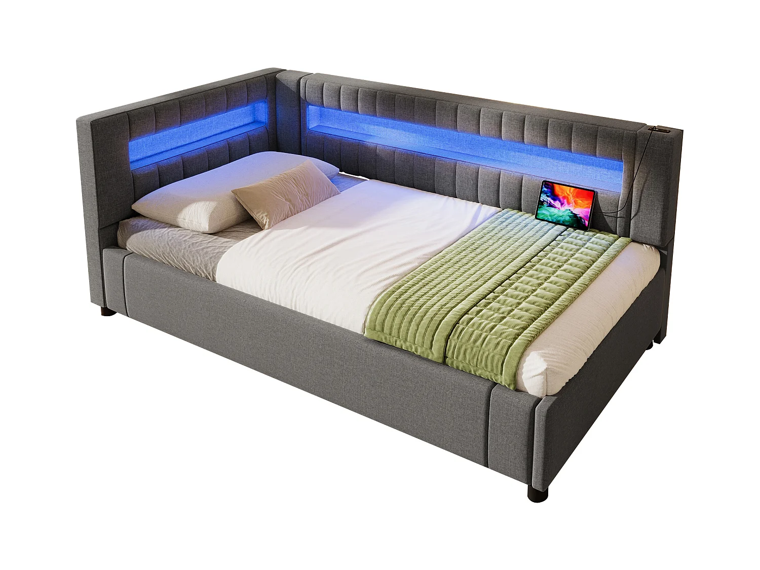 Letto contenitore imbottito - 90 x 200 cm - con LED + USB + Type-C + contenitore idraulico - lino + MDF - grigio