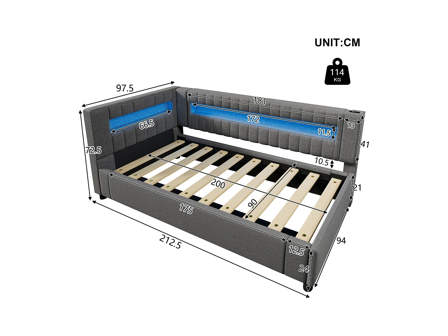 Letto contenitore imbottito - 90 x 200 cm - con LED + USB + Type-C + contenitore idraulico - lino + MDF - grigio