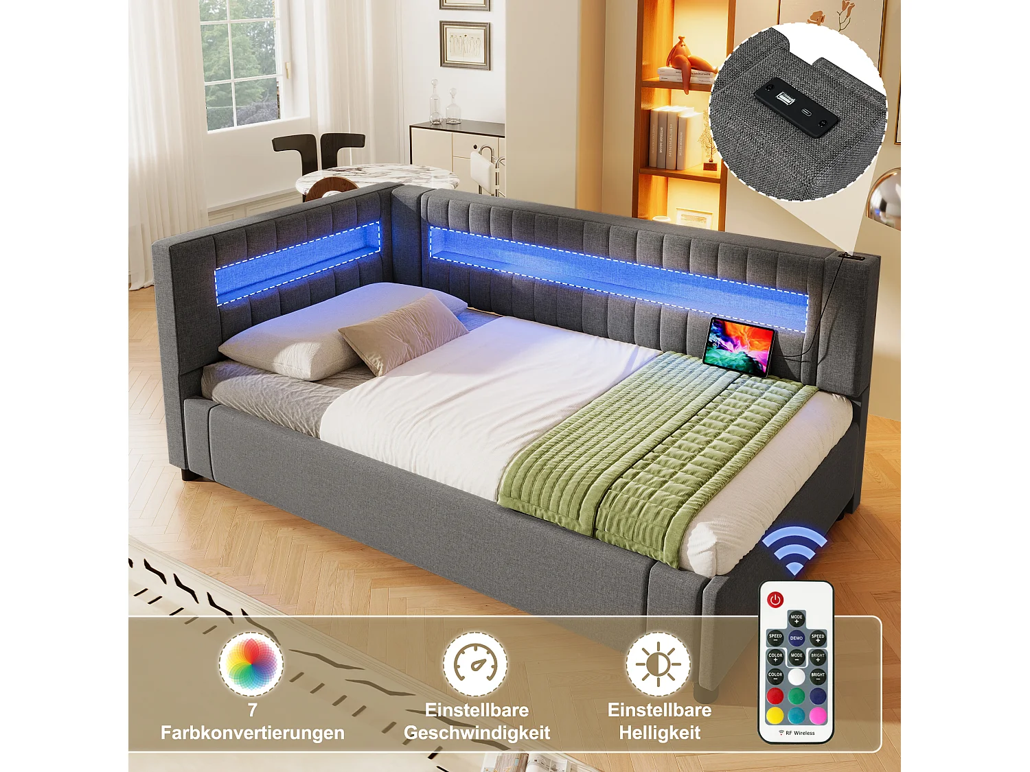 Gepolstertes Stauraumbett - 90 x 200 cm - mit LEDs + USB + Typ-C + hydraulischem Stauraum - Leinen + MDF - grau