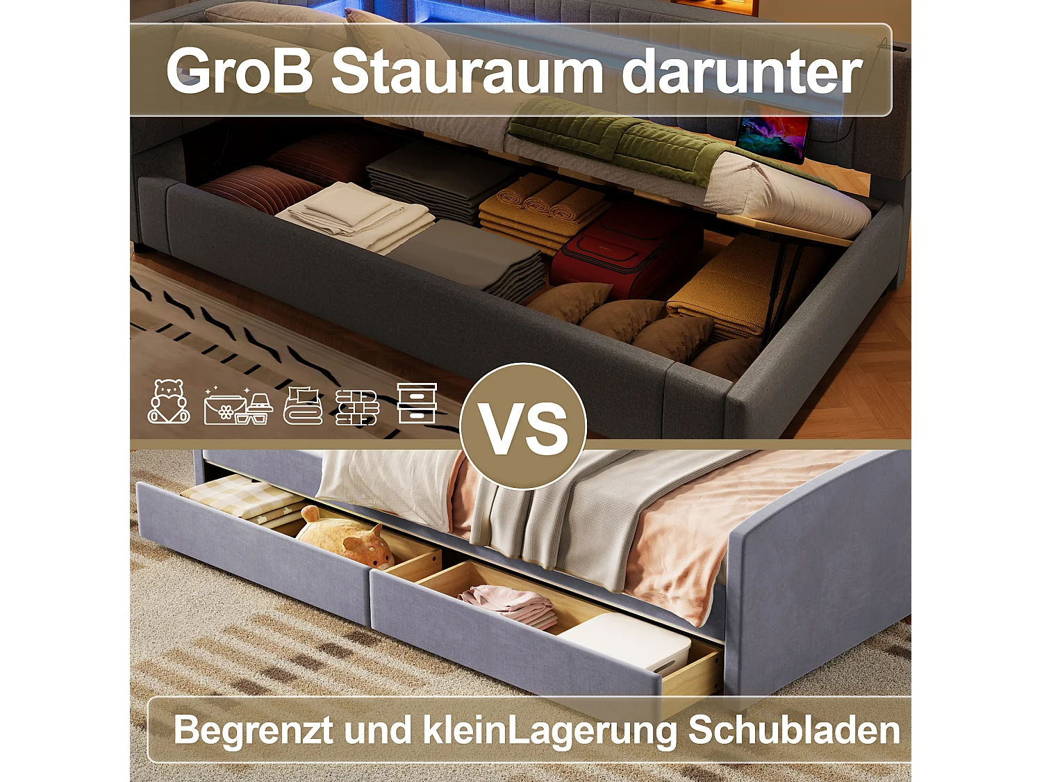 Gepolstertes Stauraumbett - 90 x 200 cm - mit LEDs + USB + Typ-C + hydraulischem Stauraum - Leinen + MDF - grau