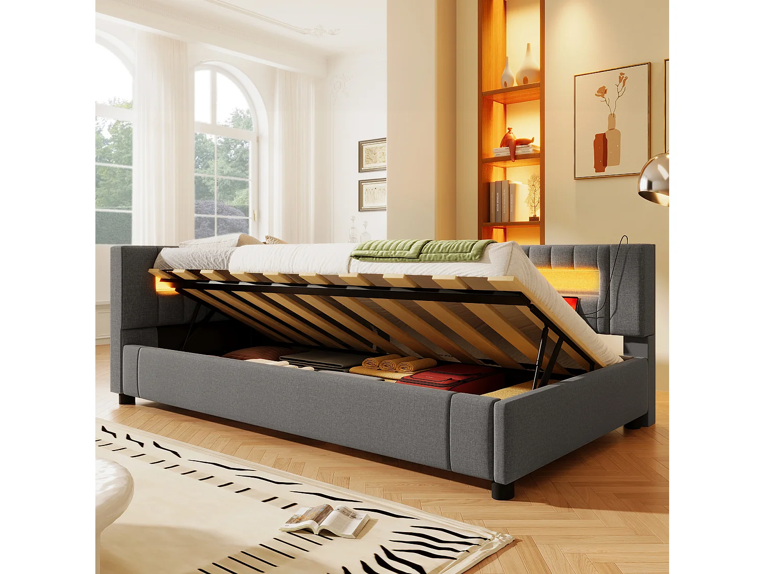 Gestoffeerd opbergbed - 90 x 200 cm - met LED's + USB + Type-C + hydraulische opbergruimte - linnen + MDF - grijs