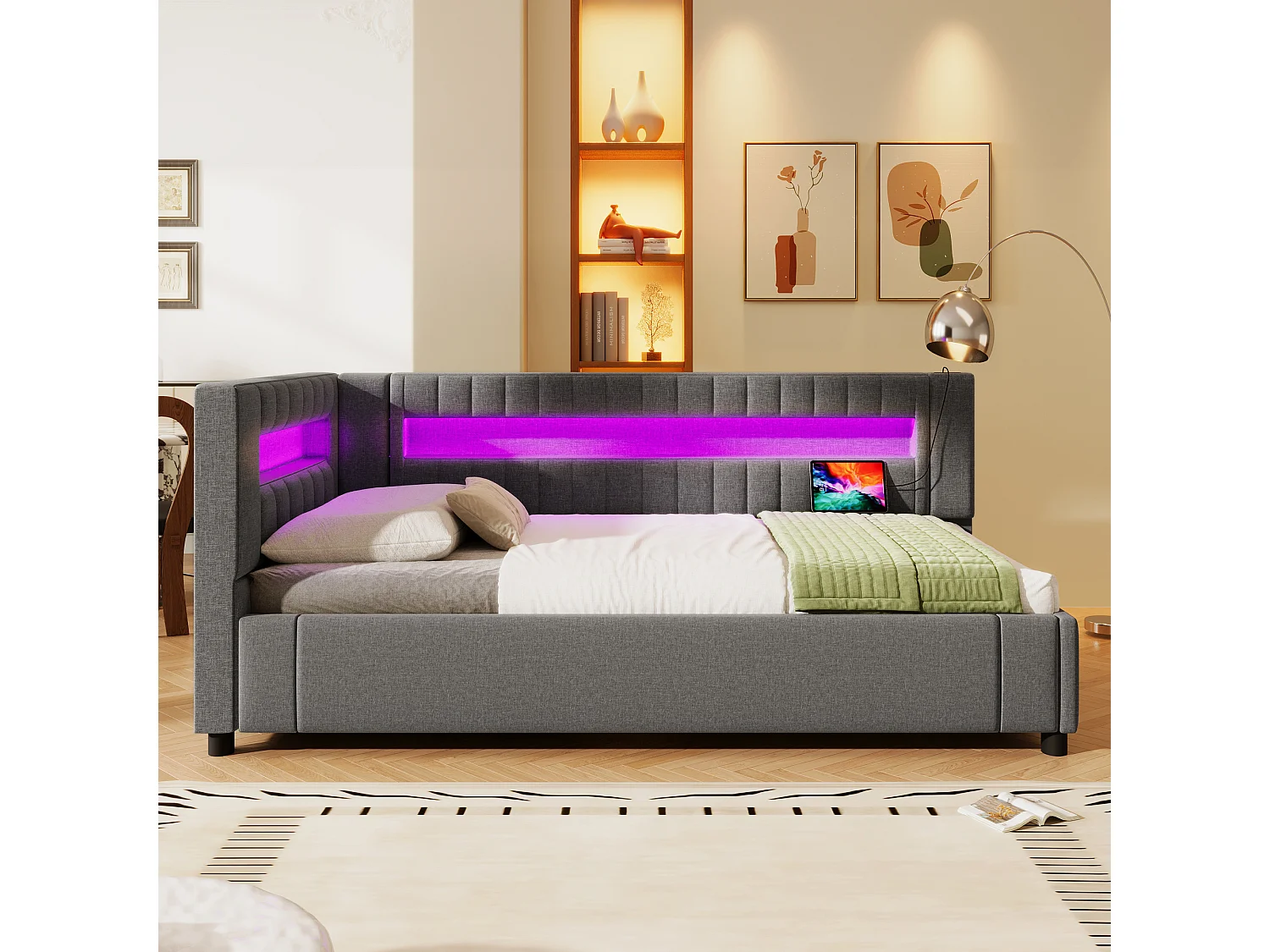 Gestoffeerd opbergbed - 90 x 200 cm - met LED's + USB + Type-C + hydraulische opbergruimte - linnen + MDF - grijs