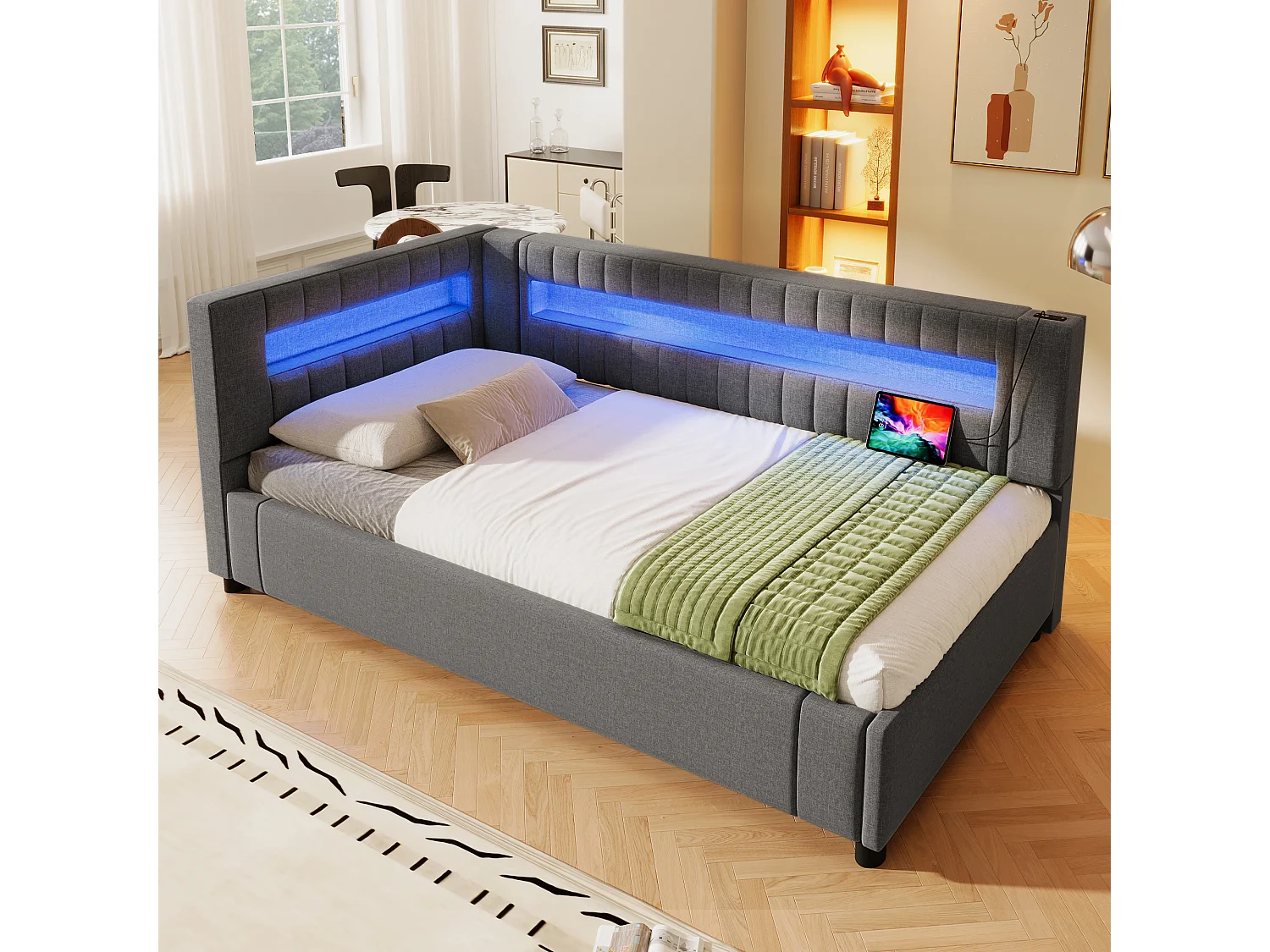 Gestoffeerd opbergbed - 90 x 200 cm - met LED's + USB + Type-C + hydraulische opbergruimte - linnen + MDF - grijs