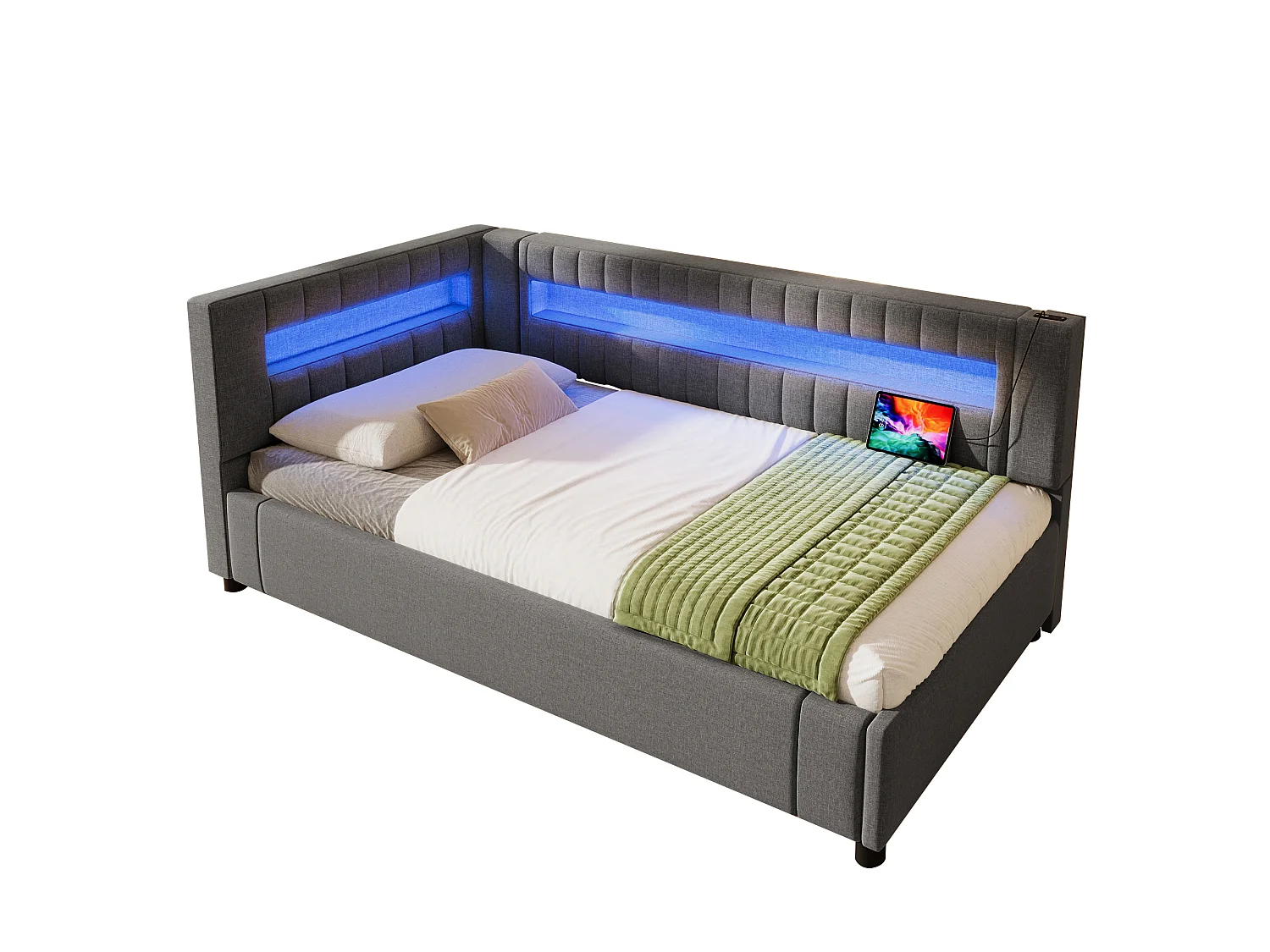 Gestoffeerd opbergbed - 90 x 200 cm - met LED's + USB + Type-C + hydraulische opbergruimte - linnen + MDF - grijs