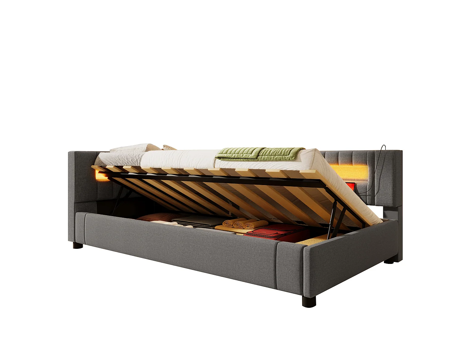 Gestoffeerd opbergbed - 90 x 200 cm - met LED's + USB + Type-C + hydraulische opbergruimte - linnen + MDF - grijs