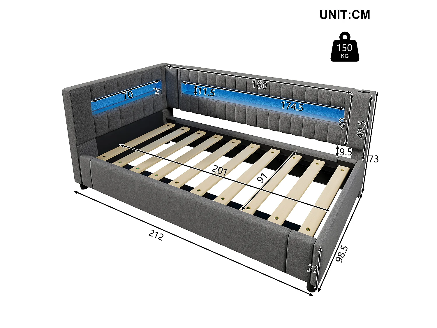 Gestoffeerd opbergbed - 90 x 200 cm - met LED's + USB + Type-C + hydraulische opbergruimte - linnen + MDF - grijs