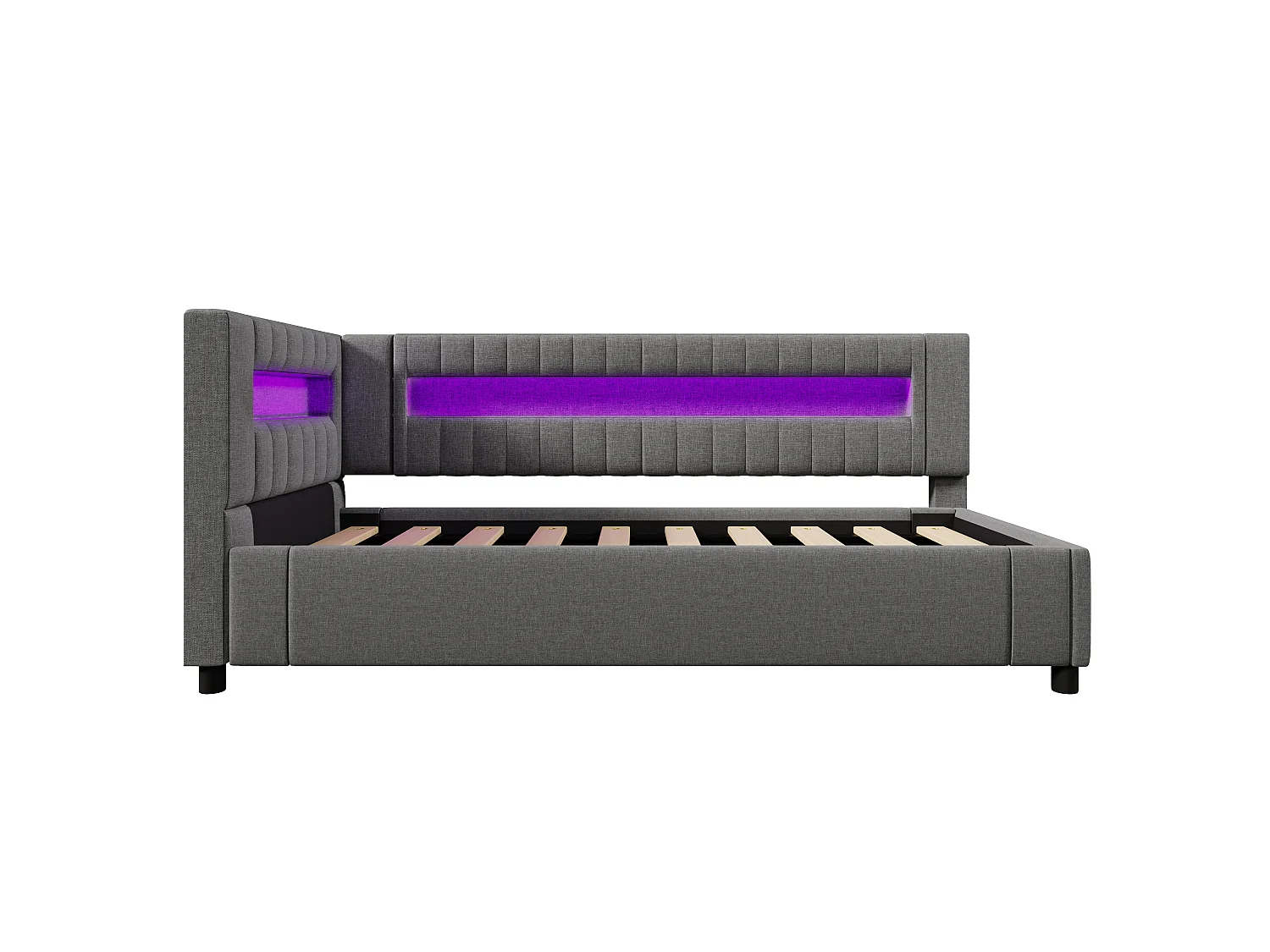 Gestoffeerd opbergbed - 90 x 200 cm - met LED's + USB + Type-C + hydraulische opbergruimte - linnen + MDF - grijs