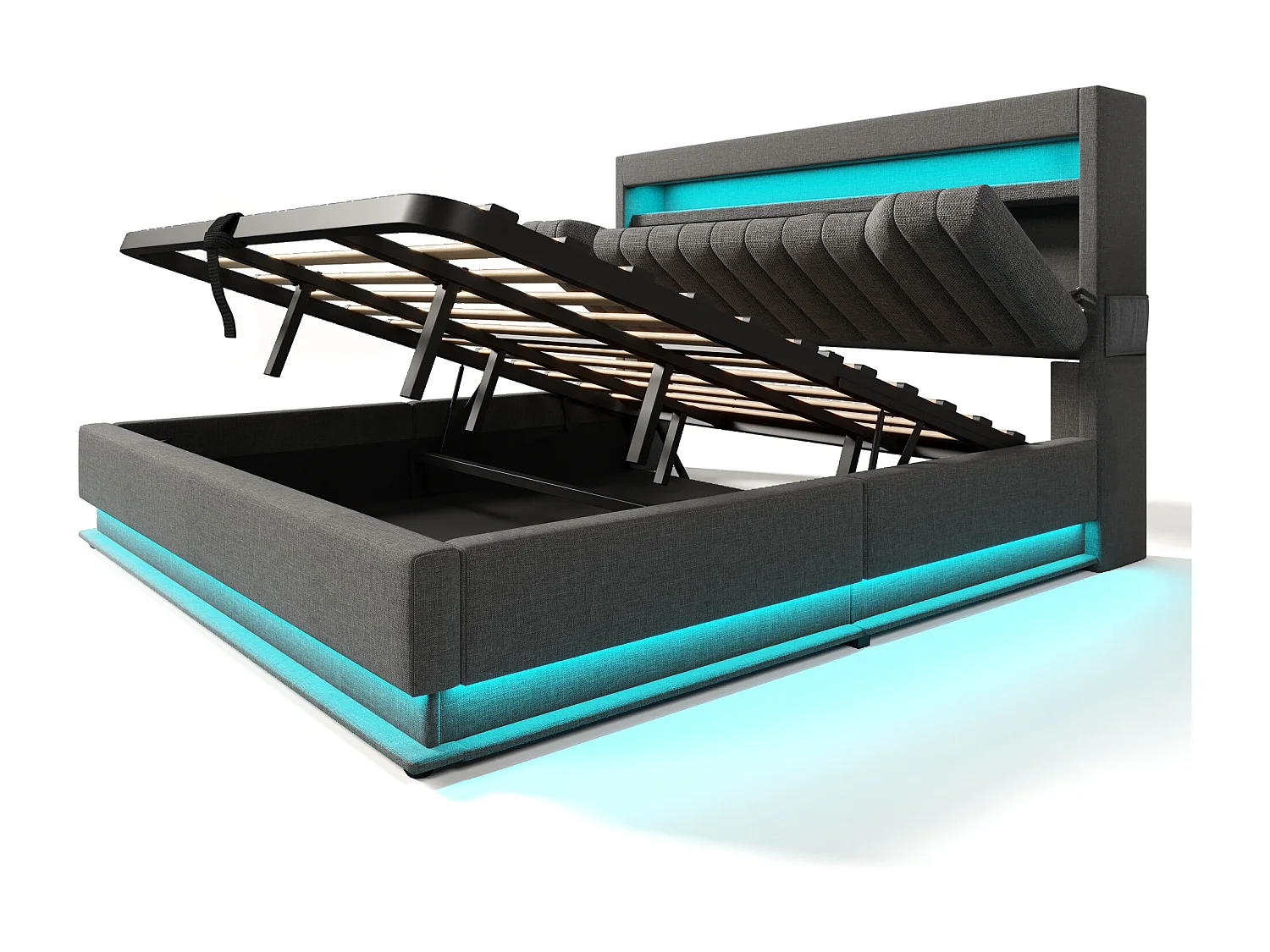 Doppelbett mit Polsterbett und Stauraum - 180 x 200 cm - mit Kopfteil + USB + LEDs + hydraulischem Stauraum - Leinen - Grau