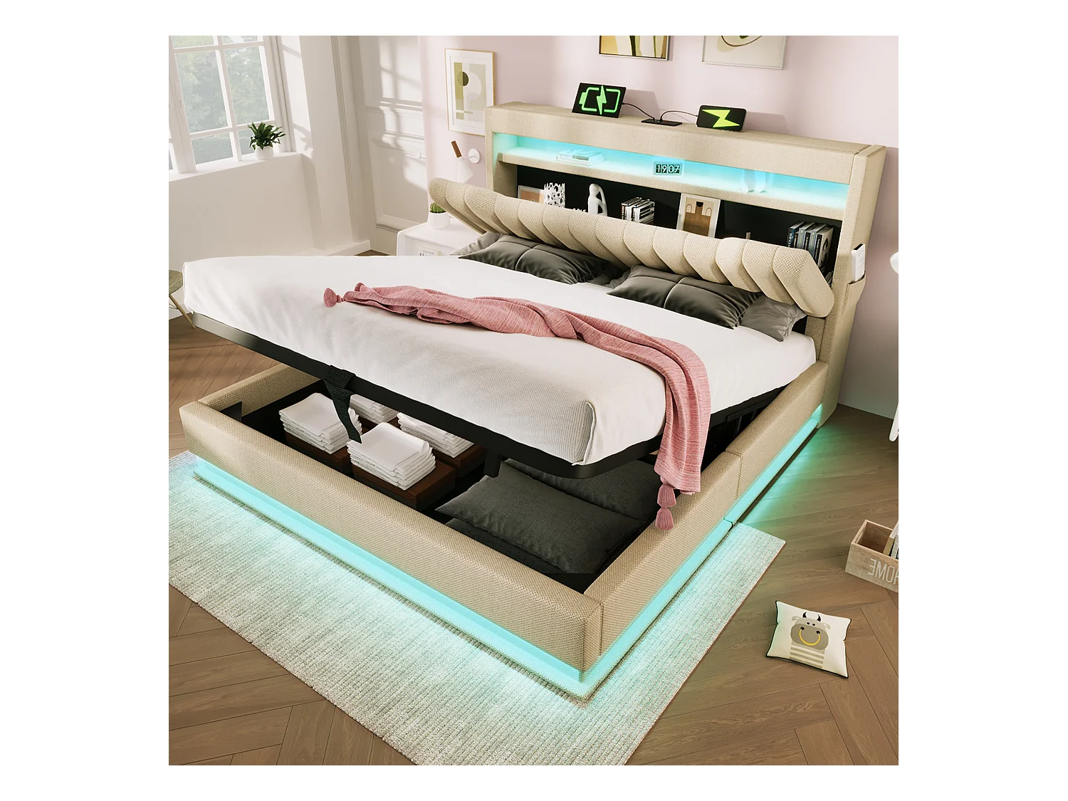 Lit coffre capitonné - 140 x 200 cm - avec tête de lit + USB  + Leds - rangement hydraulique - lin - beige