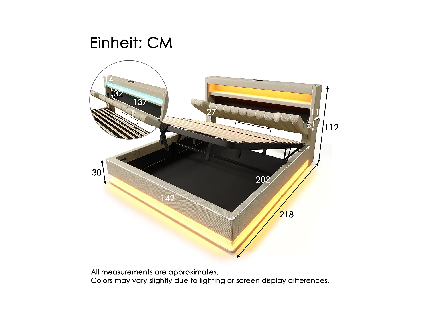 Lit coffre capitonné - 140 x 200 cm - avec tête de lit + USB  + Leds - rangement hydraulique - lin - beige