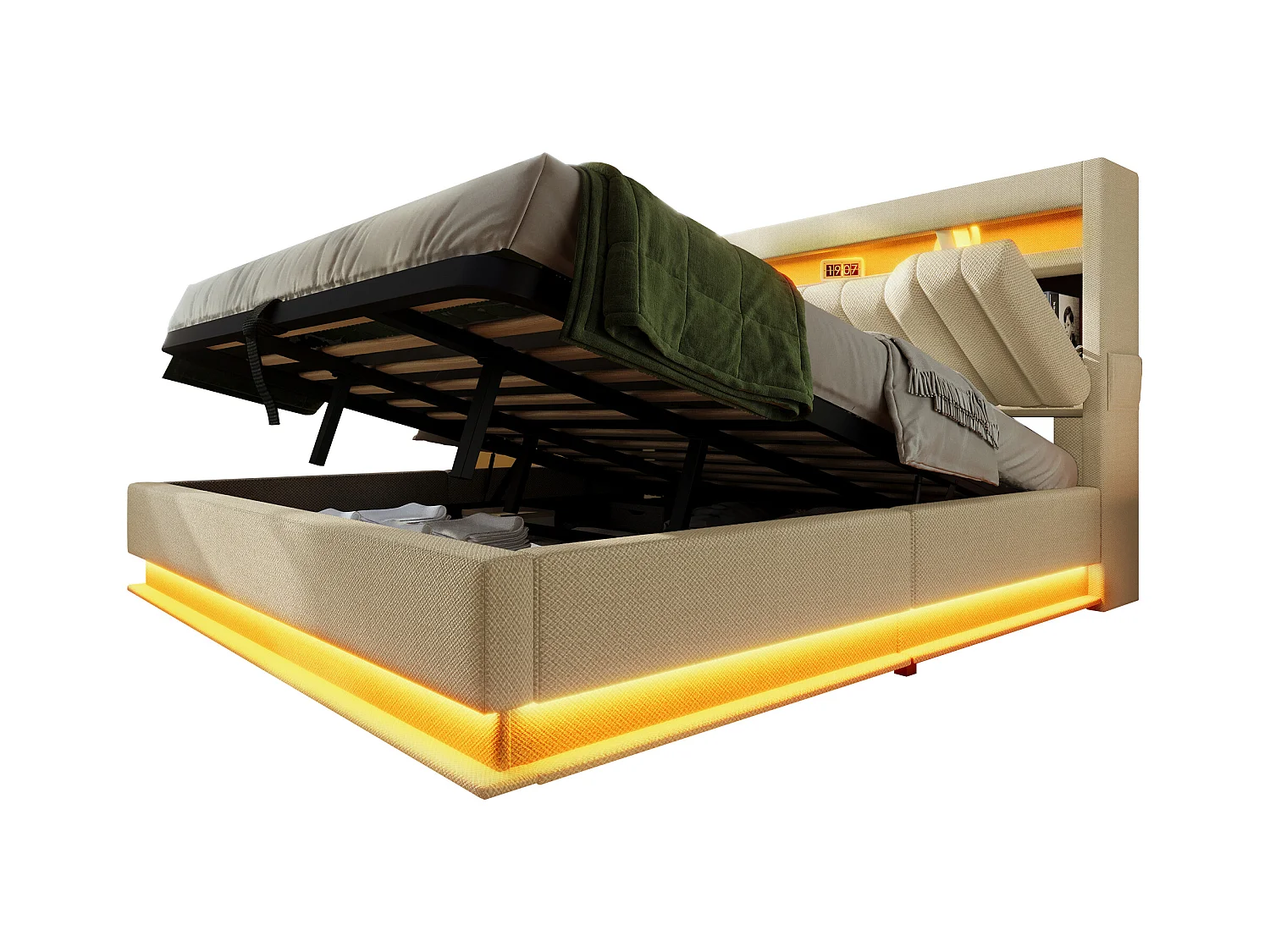 Lit coffre capitonné - 140 x 200 cm - avec tête de lit + USB  + Leds - rangement hydraulique - lin - beige