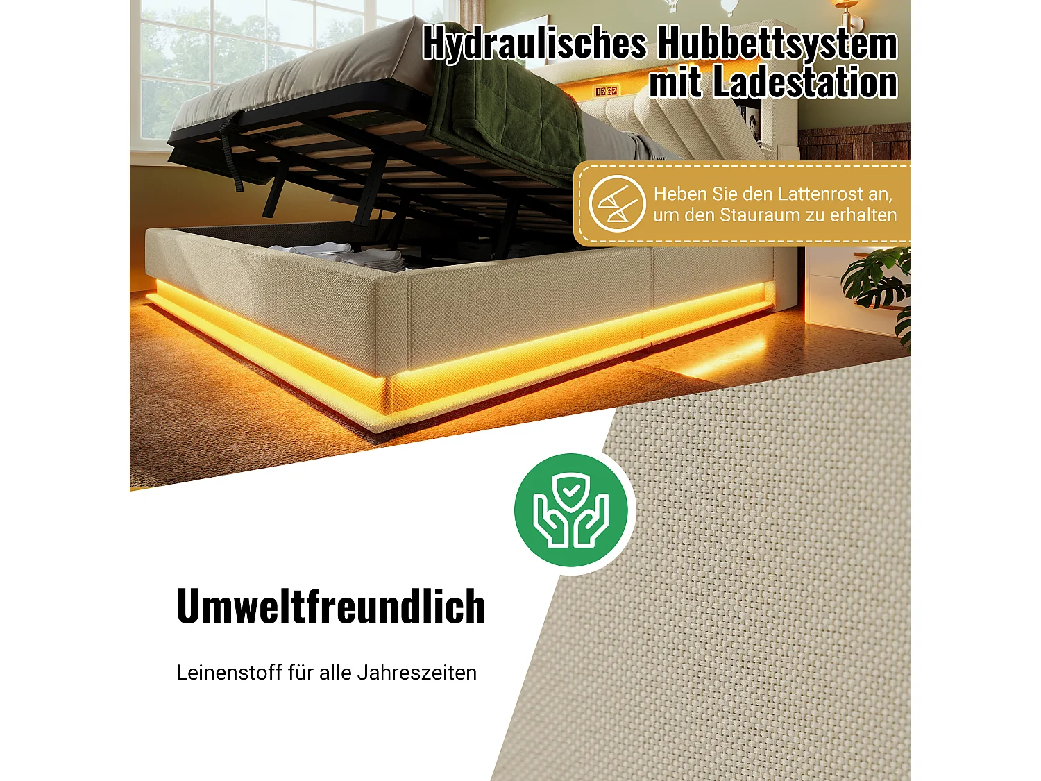 Lit coffre capitonné - 140 x 200 cm - avec tête de lit + USB  + Leds - rangement hydraulique - lin - beige